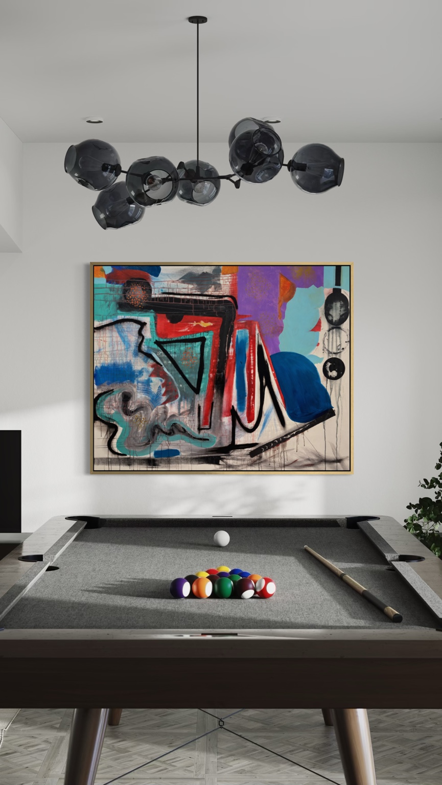 Interior mockup showing Oh! I Like This framed above a pool table in a modern room