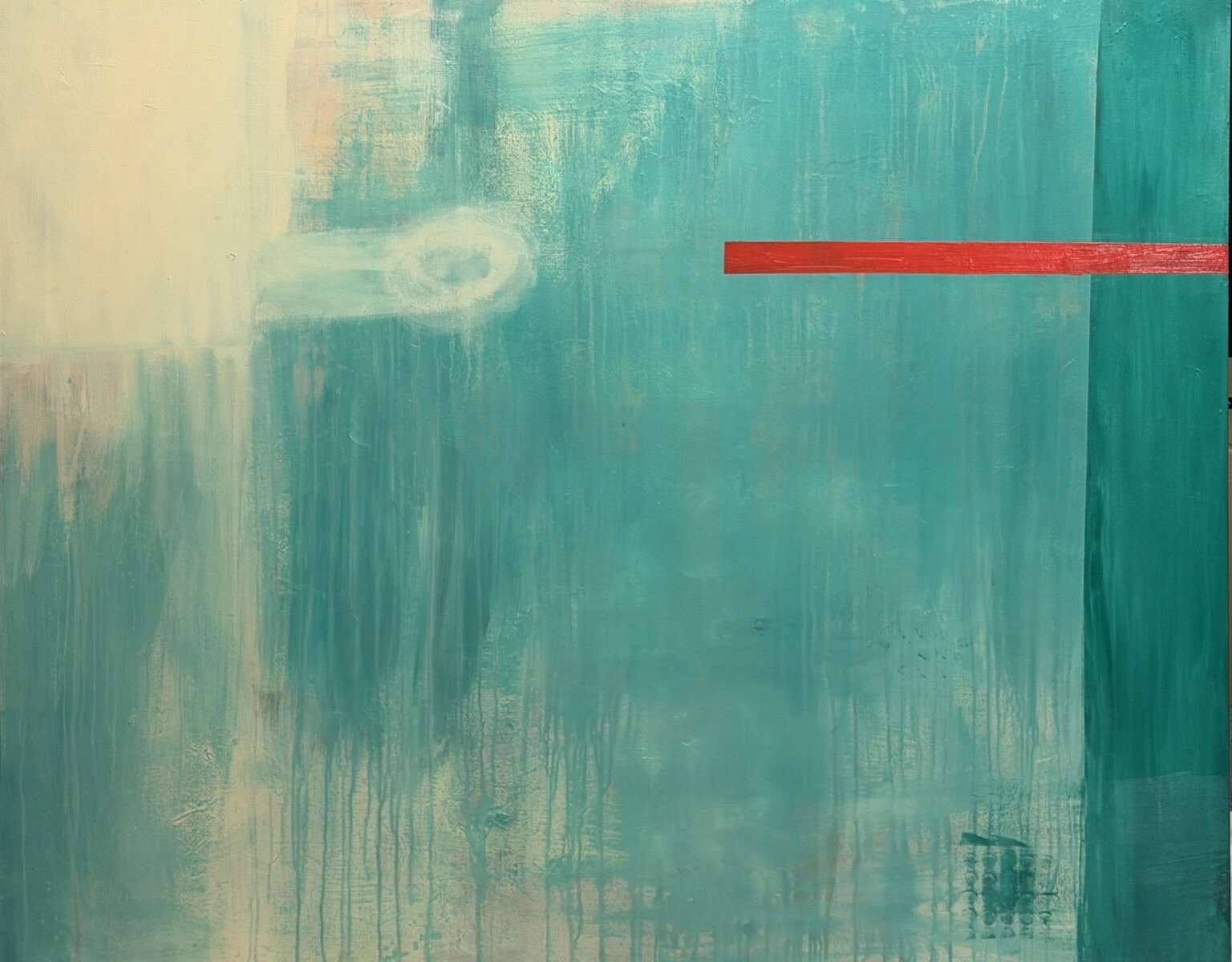 Red Measure, a turquoise abstract painting with a horizontal red band