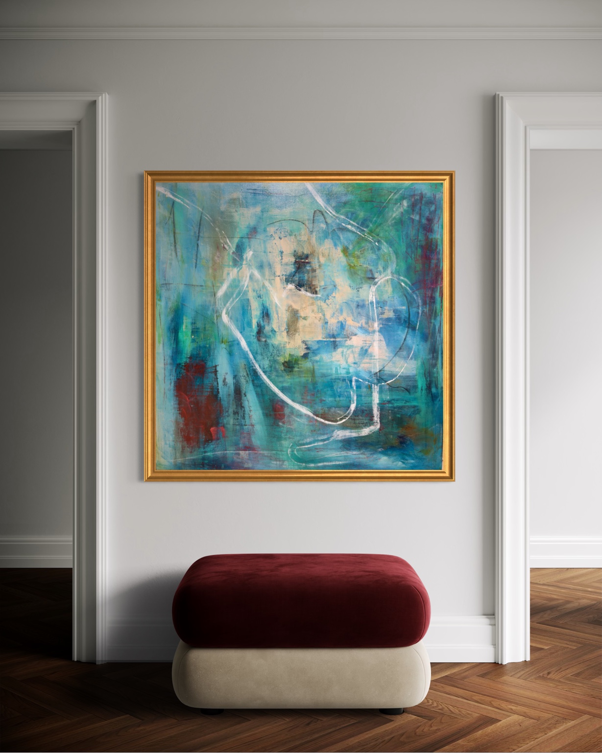 Interior mockup showing The Void in a gold frame on a pale gray wall above a burgundy and cream bench